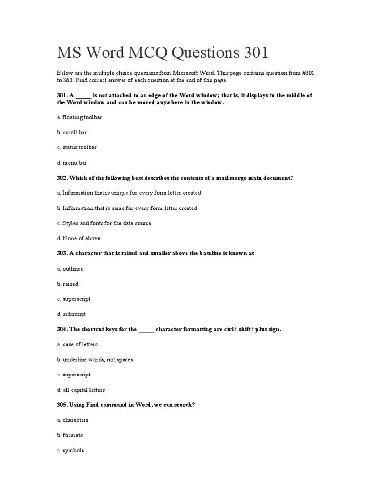 MS Word MCQ Questions 301 | PDF | Microsoft Word | Note (Typography)