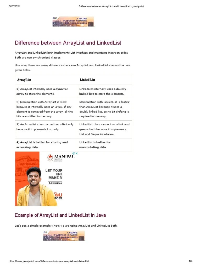 Difference Between ArrayList And LinkedList - Javatpoint | PDF ...