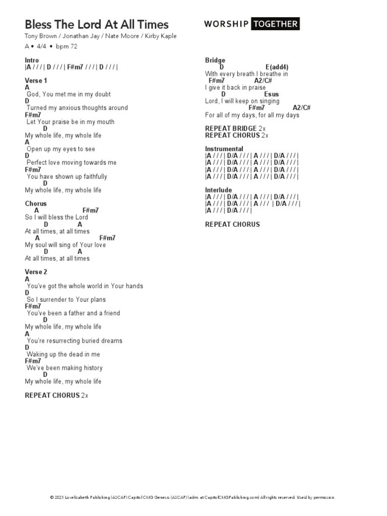 Bless The Lord At All Times Housefires CC | PDF