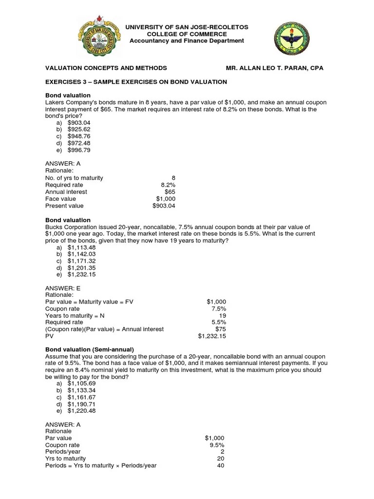 Exercises On Bond Valuation | PDF | Bonds (Finance) | Yield (Finance)
