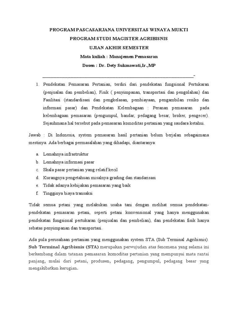 Serta analisis jenis usaha pertanian yang berbasis agribisnis. Soal Uas S2 Manajemen Pemasaran Kls Sukabumi Pdf