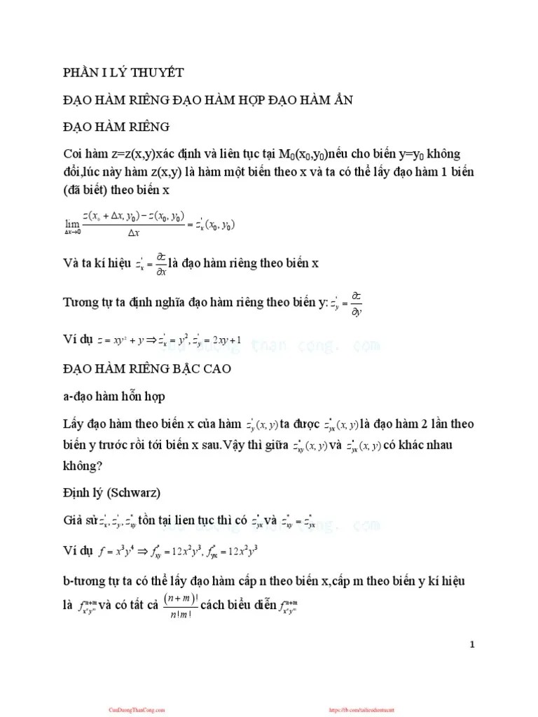 Giai Tich 1 Dao Ham Rieng, Dao Ham Hop, Dao Ham An (Cuuduongthancong - Com) | PDF