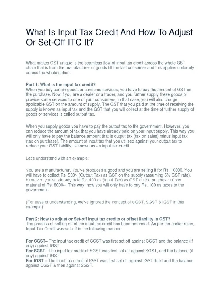 What Is Input Tax Credit And How To Adjust Or Set-Off ITC It? | PDF ...