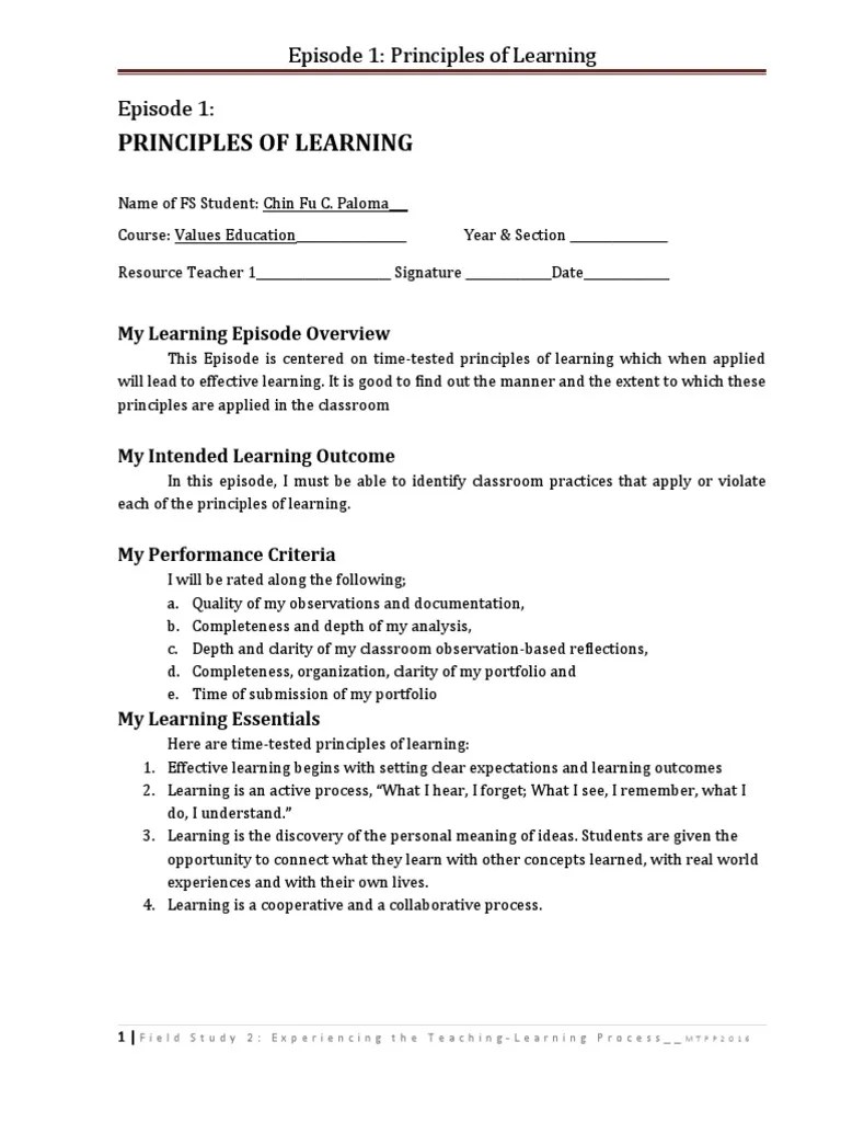 Applying Principles Of Effective Learning: A Student Teacher's Classroom Observation And ...