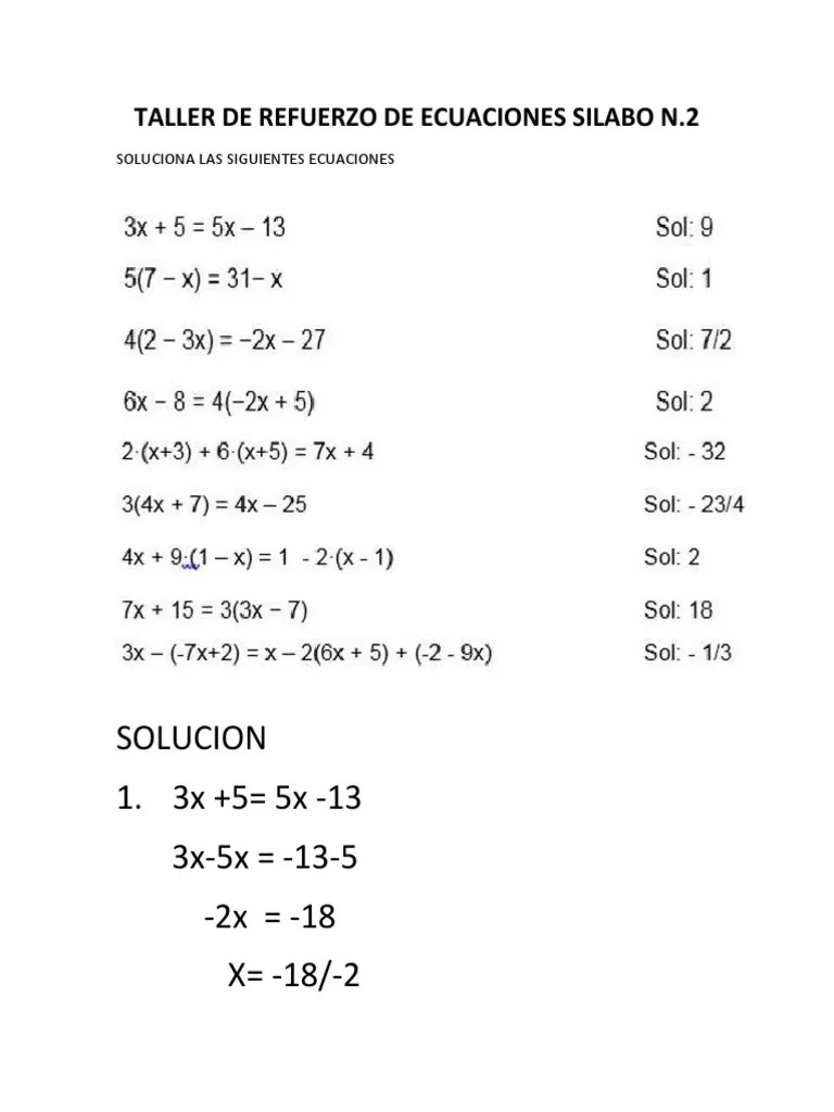 Taller de Refuerzo de Ecuaciones | PDF