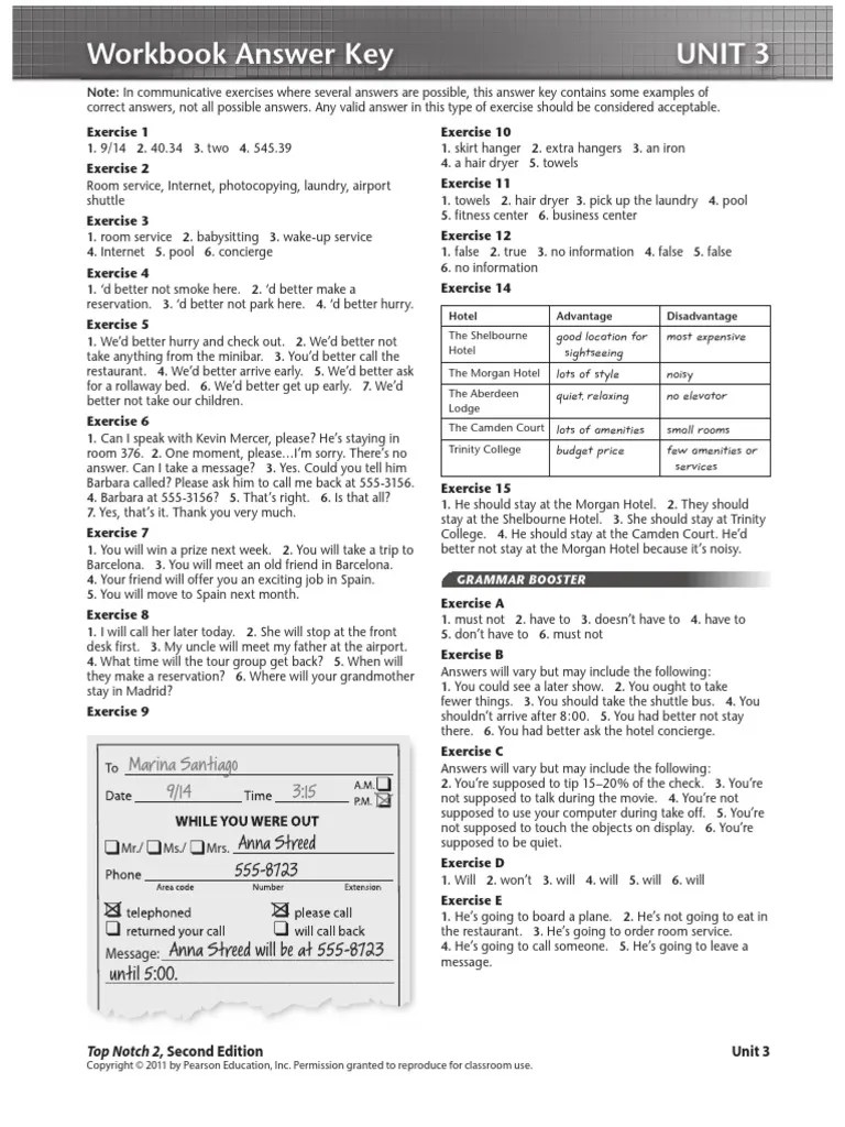 Workbook Answer Key Top Notch 2 Unit 3 | PDF | Leisure