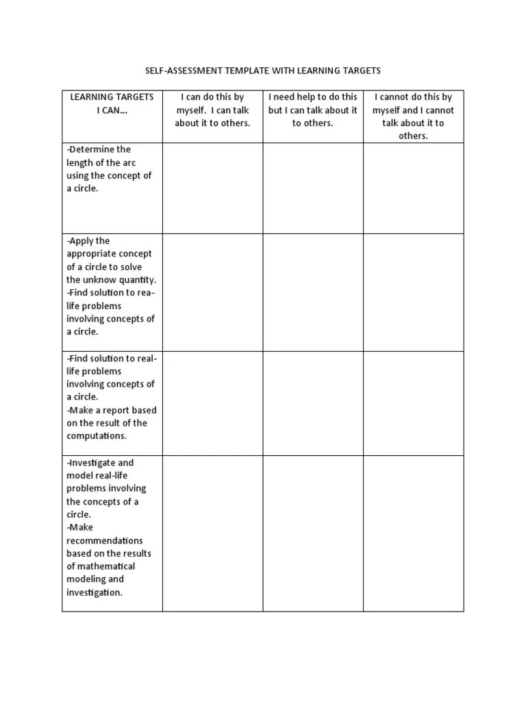 S4 Self Assessment Of Learning Targets | PDF