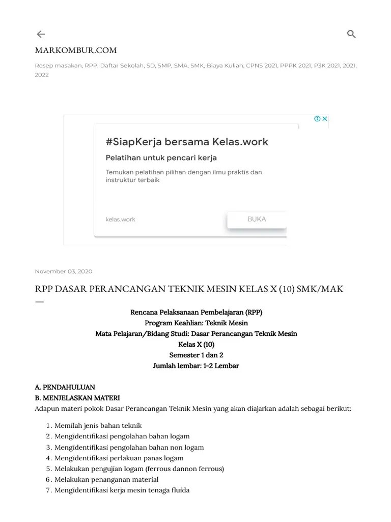 RPP Dasar Perancangan Teknik Mesin Kelas X (10) SMKMAK | PDF