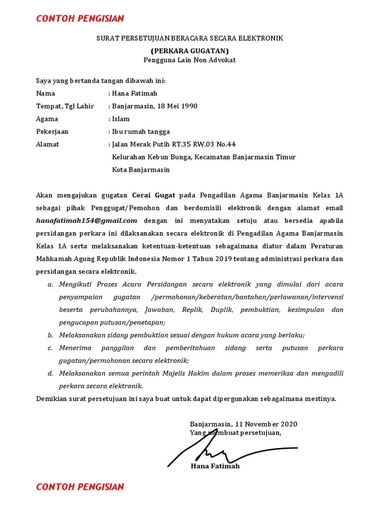 Contoh tidak baik saya mau tanya tentang pembayaran program.dimana saya harus membayar.berapa uangnya.makasih. Contoh Surat Persetujuan E Court Gugatan Pdf
