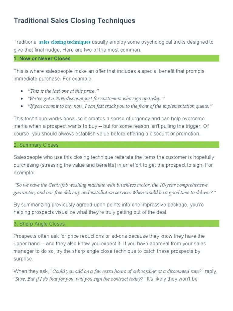 Traditional Sales Closing Techniques | PDF | Sales | Communication
