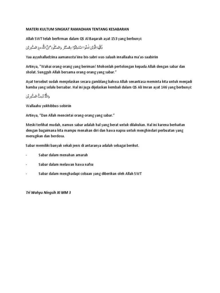 Sebagaimana ketika kita memberikan sesuatu baik berwujud materi atau non . Materi Kultum Singkat Ramadhan Tentang Kesabaran Pdf