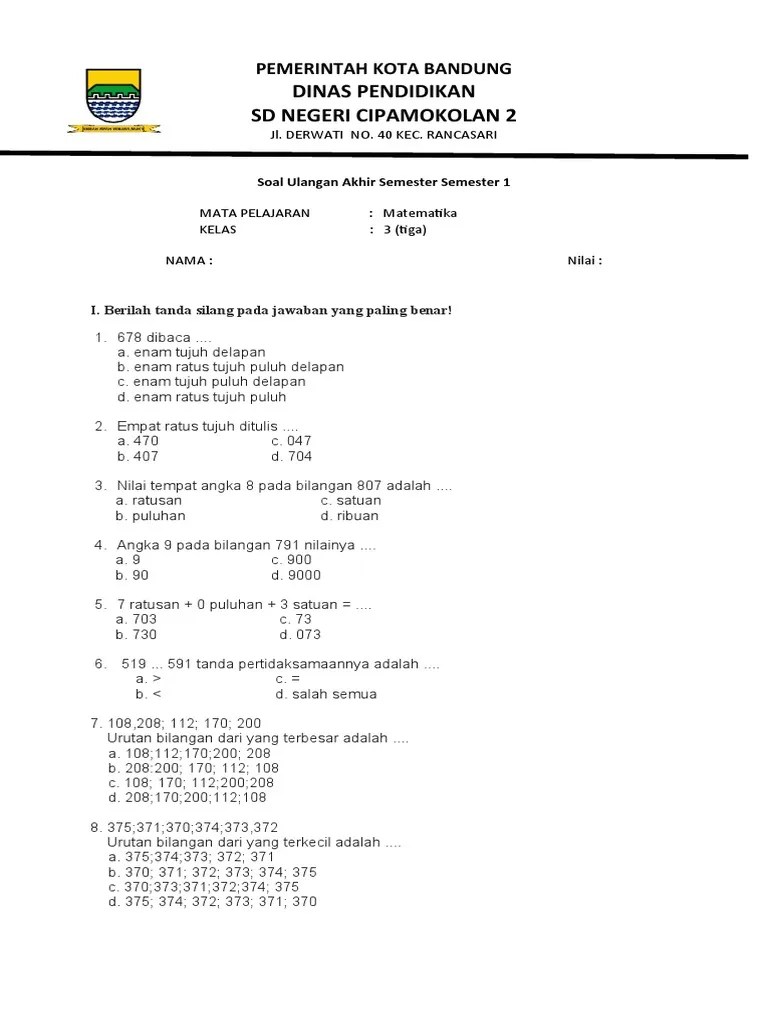 Soal UAS Matematika Kelas 3 Semester 1 | PDF | Metode & Bahan Ajar