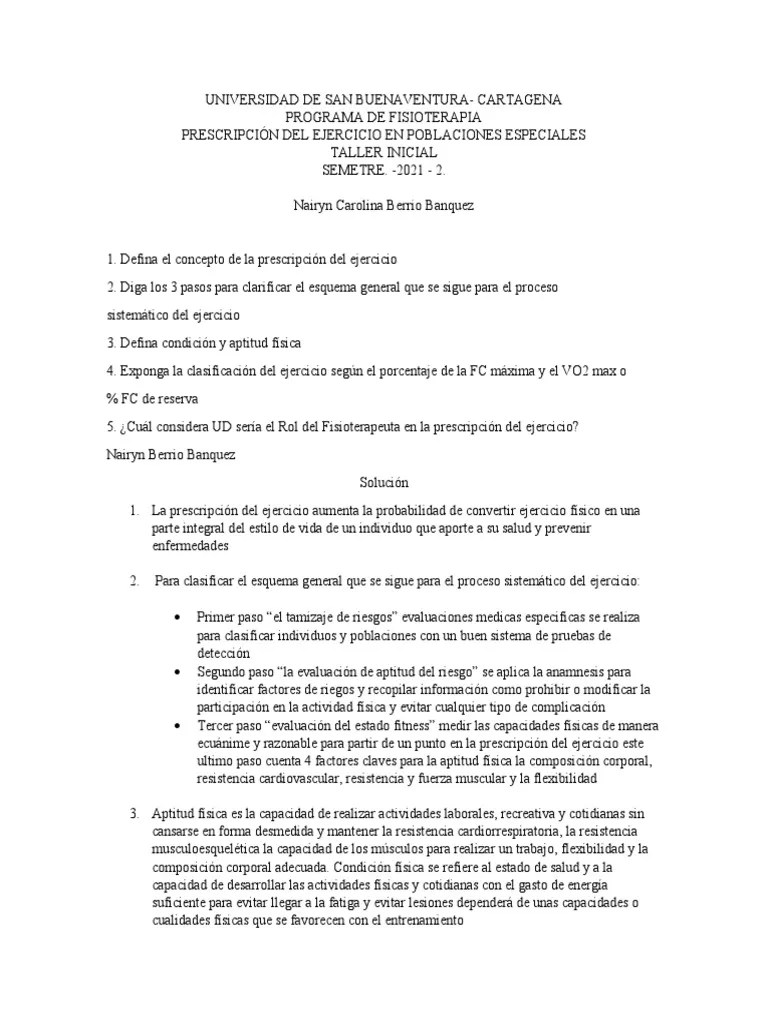 Prescripcion Del Ejercicio Taller | PDF | Terapia Física | Enfermedades Y Trastornos