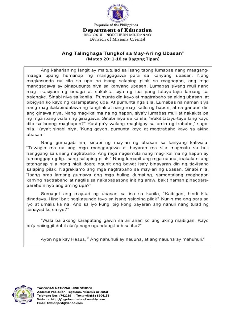 Filipino-9 - Ang Talinghaga NG May-Ari NG Ubasan | PDF