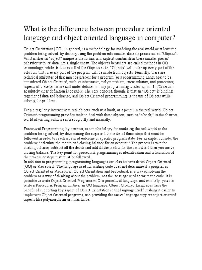 What Is The Difference Between Procedure Oriented Language And Object ...