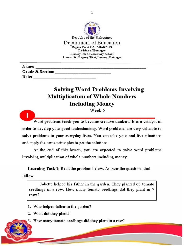 Solving Word Problems Involving Multiplication Of Whole Numbers Including Money | PDF | T Shirt