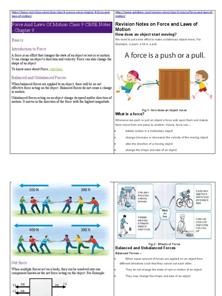 Force And Laws Of Motion Class 9 CBSE Notes - Chapter 9 | PDF | Force ...