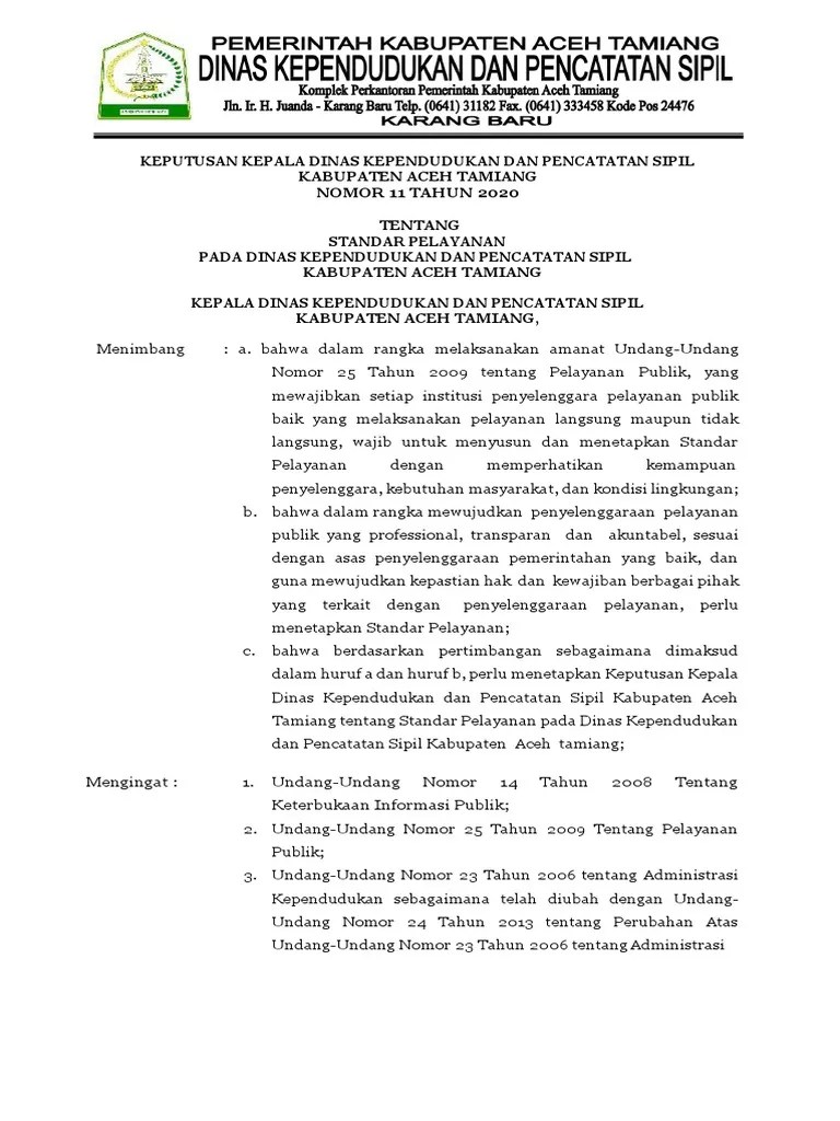 Bupati aceh tengah pada hari senin 31 mei 2021 melantik sejumlah kepala tk, sd dan smp di aula dinas pendidikan kabupaten aceh tengah. Keputusan Kepala Dinas Kependudukan Dan Pencatatan Sipil Kabupaten Aceh Tamiang 20210316105045 Pdf