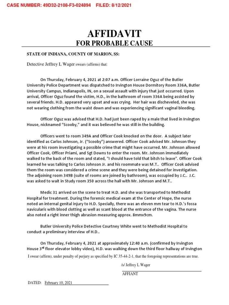 Probable Cause Affidavit - Carlos Johnson Jr. | PDF | Affidavit | Dna Profiling