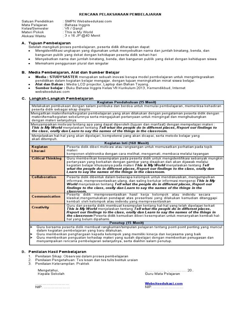 rpp kelas 5 daring tema 2 kini sudah bisa anda unduh dalam bentuk microsoft word. 4 Rpp 1 Lembar B Ing Kelas 7 Pdf