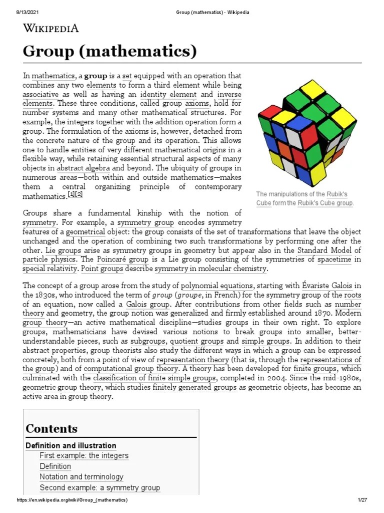 Group (Mathematics) - Wikipedia | PDF | Group (Mathematics) | Field (Mathematics)