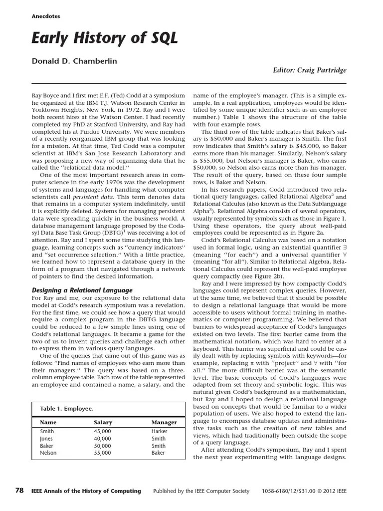 Early History Of SQL: Donald D. Chamberlin | PDF | Sql | Relational Model