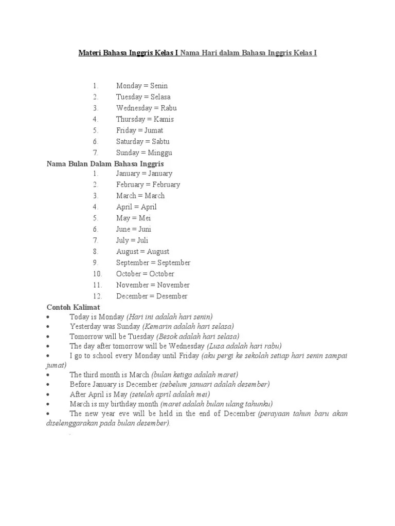 Materi Bahasa Inggris Kelas I Nama Hari Dalam Bahasa Inggris Kelas I | PDF