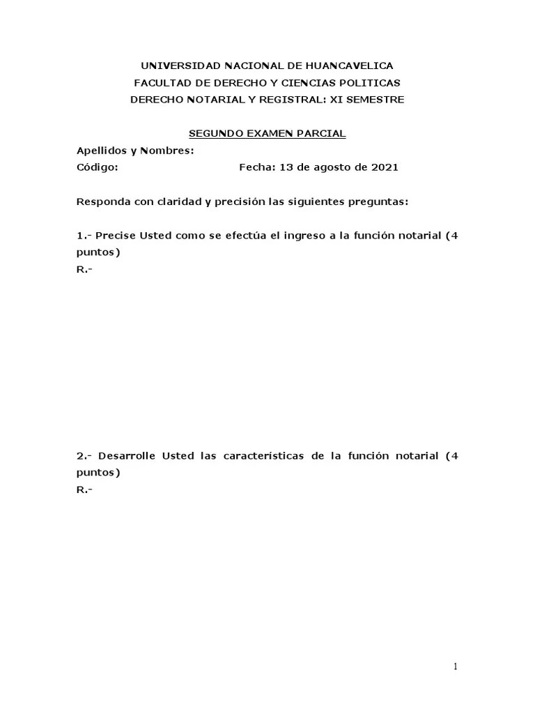 Segundo Examen Parcial Derecho Notarial Y Registral Universidad Nacional Huancavelica 2021-I | PDF