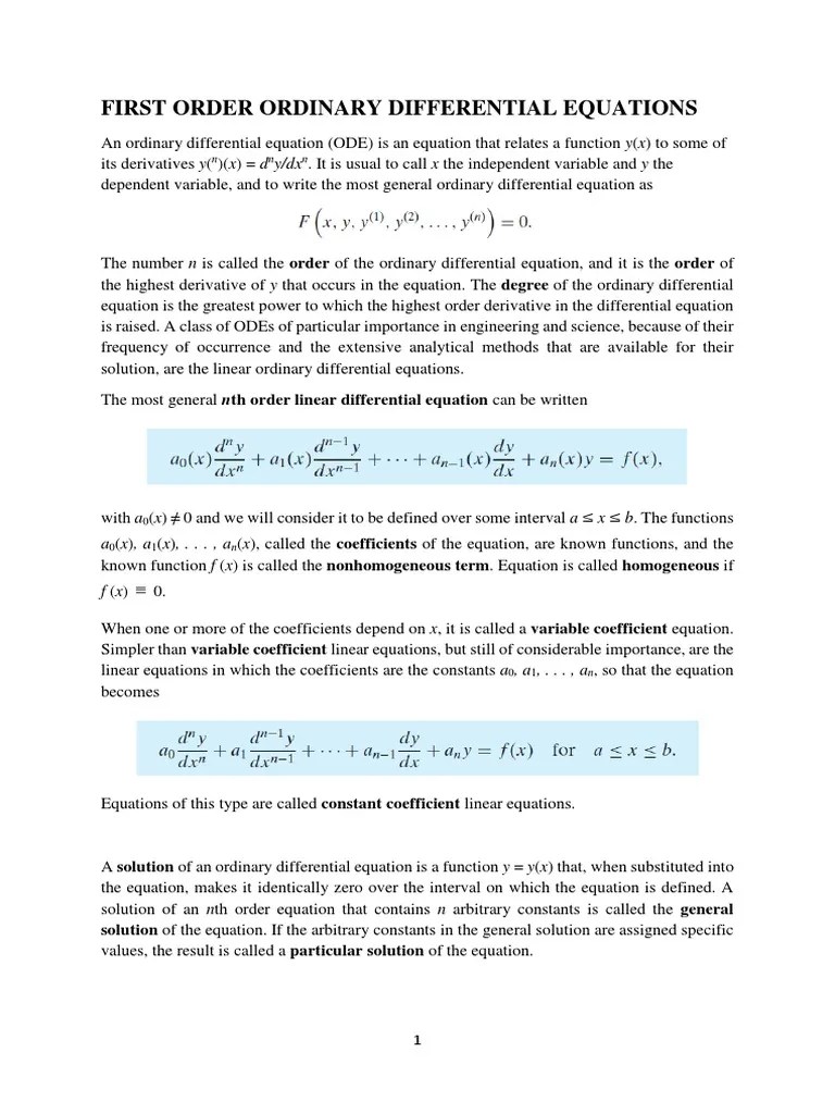 First Order Ordinary Differential Equations | PDF | Ordinary Differential Equation | Equations