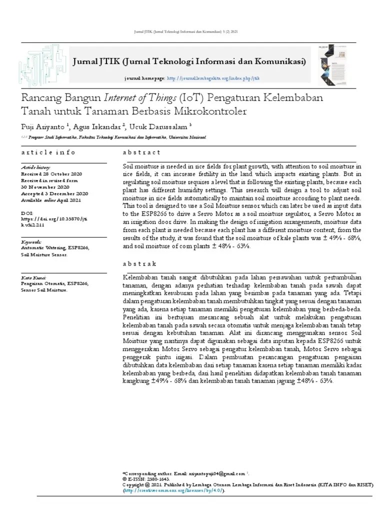 Rancang Bangun Internet Of Things (IoT) Pengaturan Kelembaban Tanah Untuk Tanaman Berbasis ...