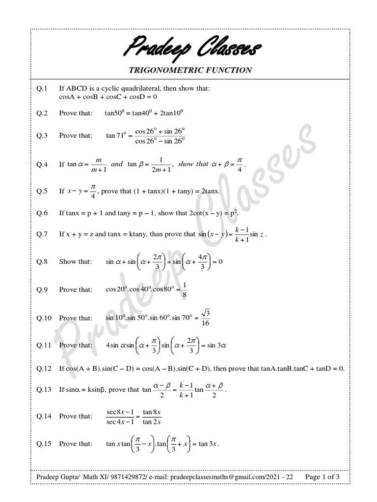 XI Assignment Trigo. Function | PDF | Sine | Trigonometric Functions