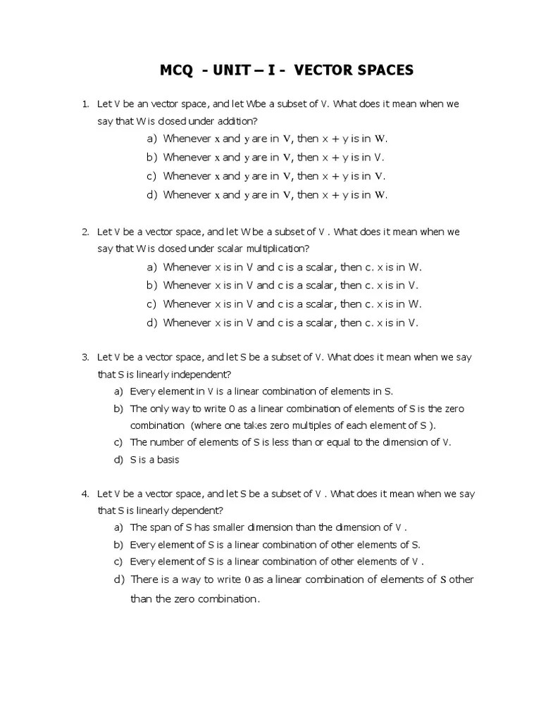 Unit - I - Vector Spaces Mcqs | PDF | Basis (Linear Algebra) | Linear ...