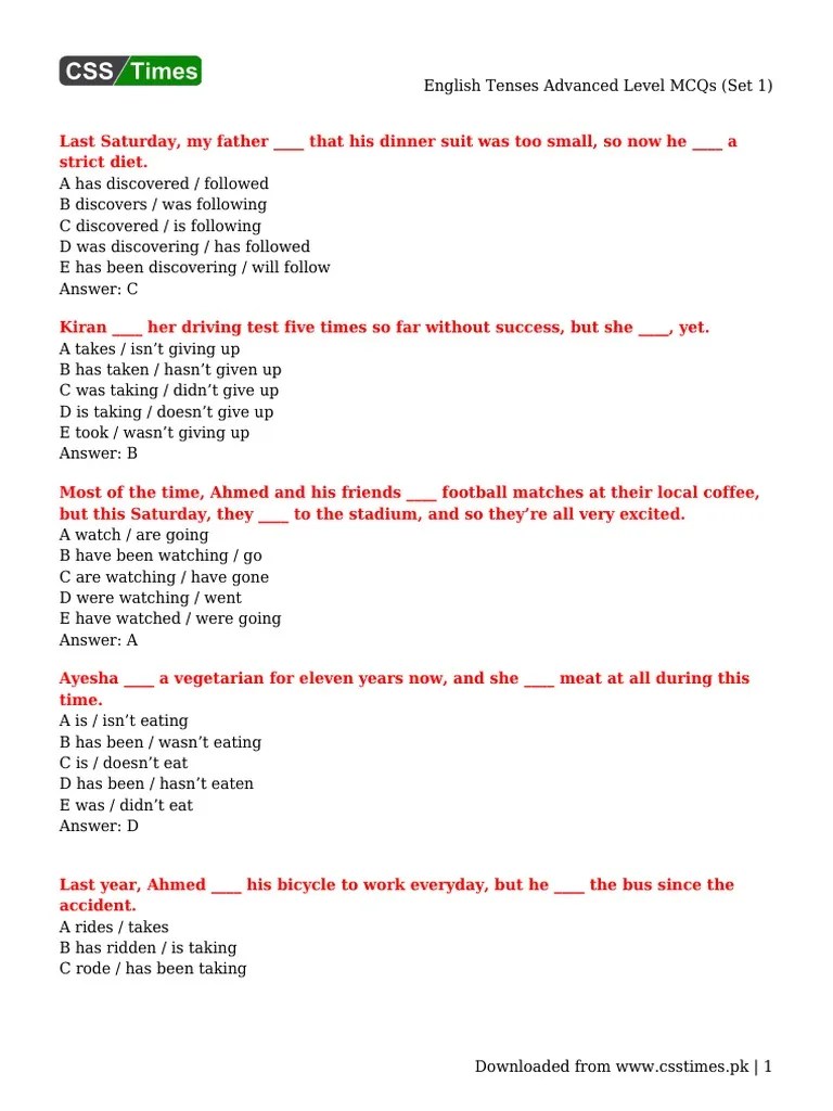 English Tenses Advanced Level MCQs (Set 1) | PDF