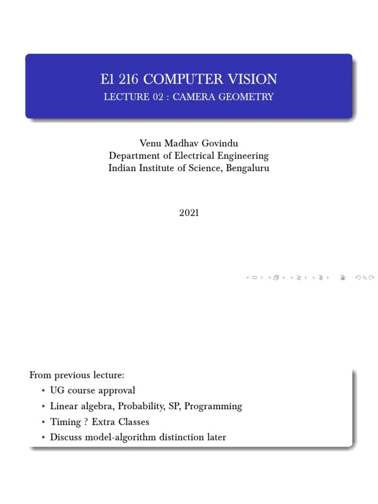 E1 216 Computer Vision: Lecture 02: Camera Geometry | PDF | Line ...