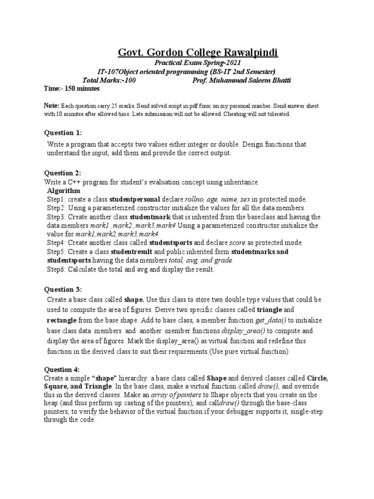 OOP Practical Paper | PDF | Class (Computer Programming) | Inheritance ...