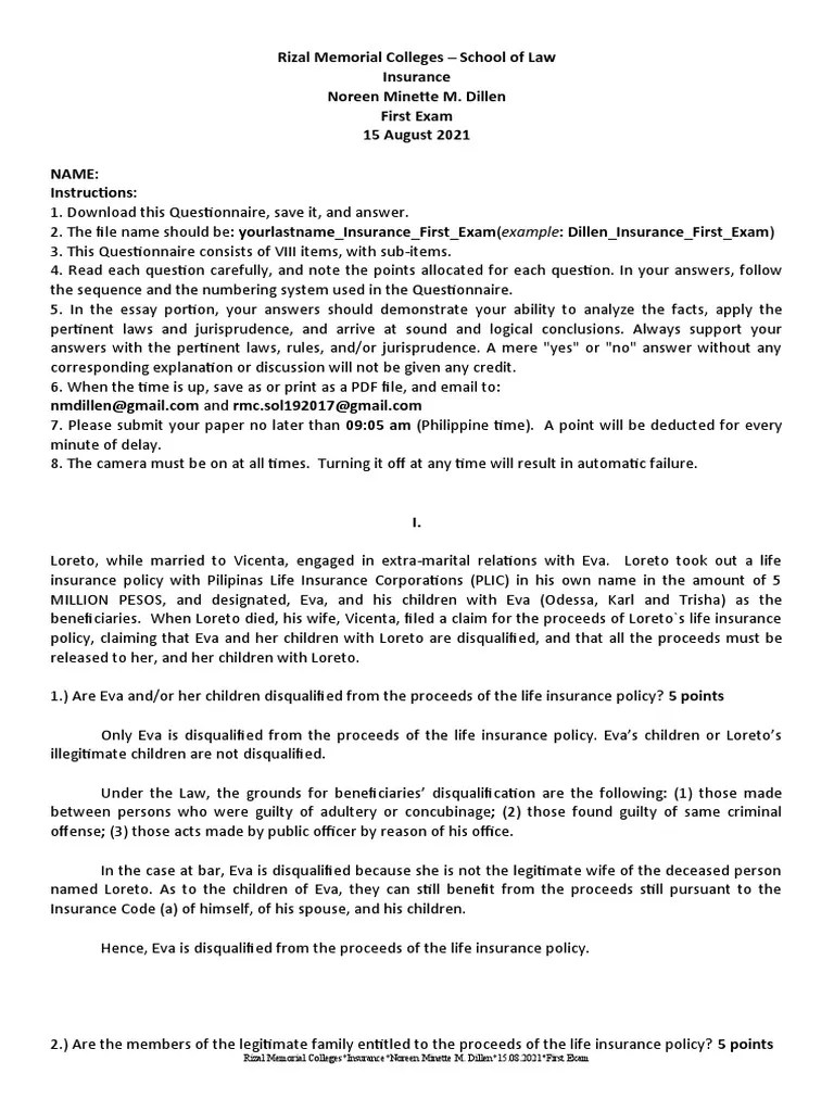 Law Insurance Exam Instructions | PDF | Insurance | Lease