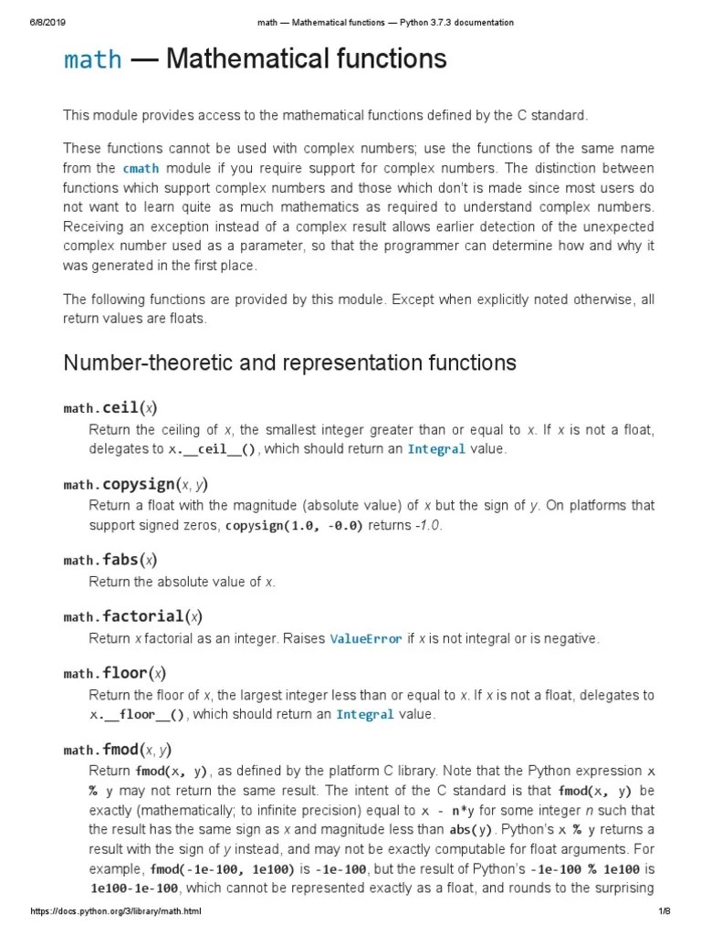 Python 3.7.3 Documentation - Mathematical Functions | PDF ...