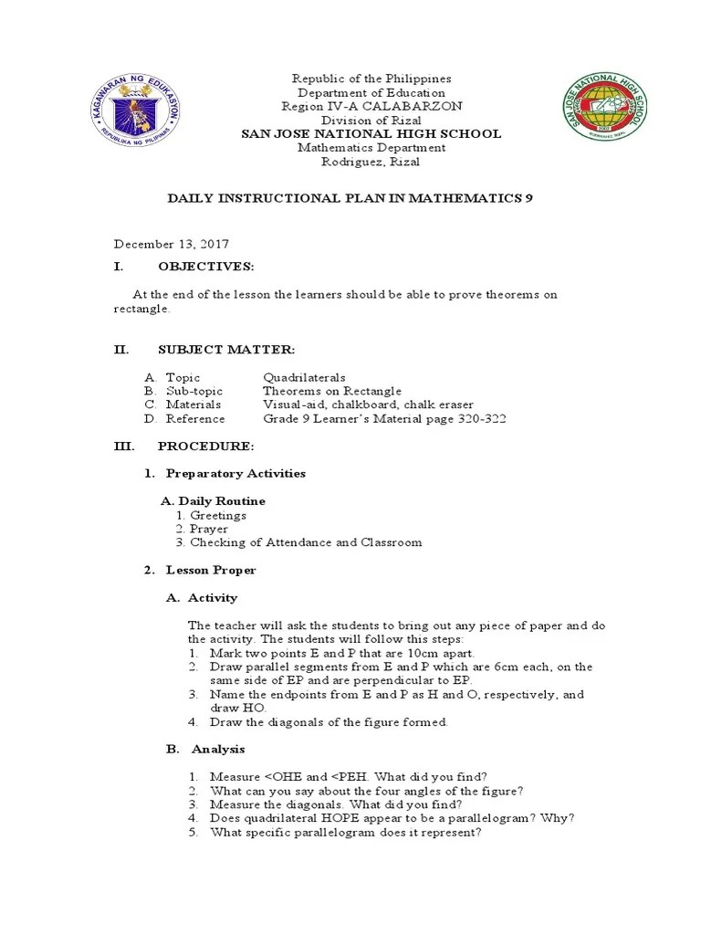 Proving Theorems On Rectangles: A Daily Instructional Plan For Mathematics 9 At San Jose ...