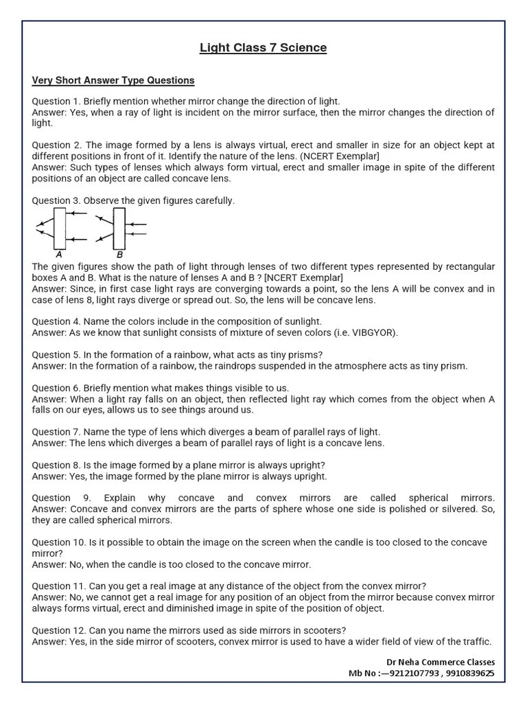 Class 7 Science: Light & Lenses | PDF | Mirror | Prism