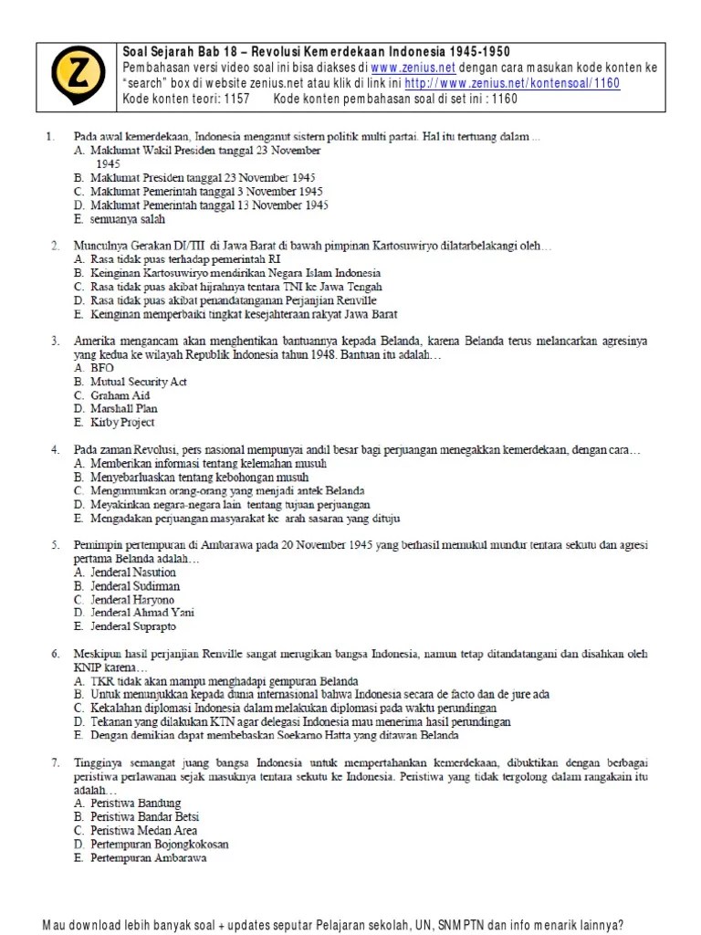 Soal ini bisa dilihat di www.zenius.net dengan memasukkan kode 2080 ke menu search. 18 Soal Sejarah Bab Revolusi Kemerdekaan Indonesia 1945 1950 Pdf