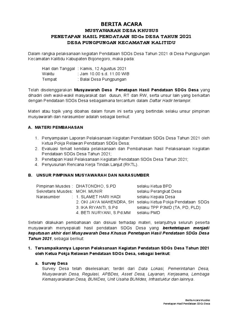 Nah, suatu kegiatan diskusi akan menghasilkan laporan hasil diskusi. Draft Ba Penetapan Data Sdgs Desa 2021 Isi Pdf