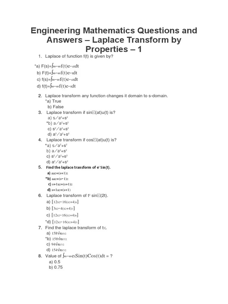 Engineering Mathematics Questions And Answers | PDF | Laplace Transform | Mathematical Relations