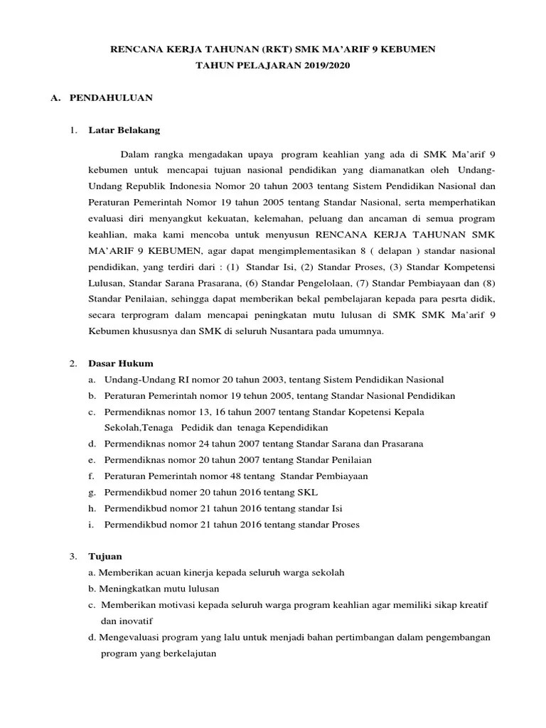 Rencana Kerja Tahunan (RKT) SMK Ma'Arif 9 Kebumen TAHUN PELAJARAN 2019/2020 | PDF