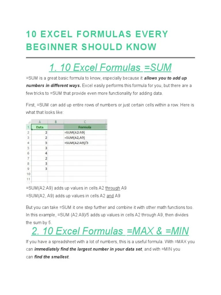 10 Excel Formulas Every Beginner Should Know | PDF | Microsoft Excel ...