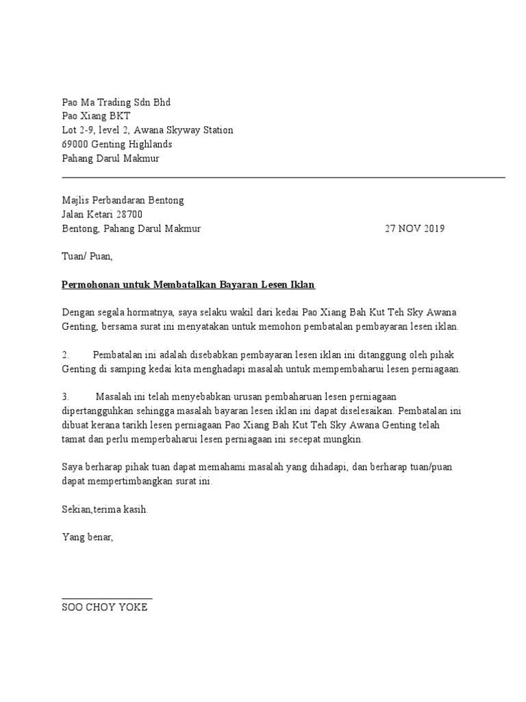 Contoh Menulis Surat Ke Mbmb Untuk Batalkan Lesen Perhotelan