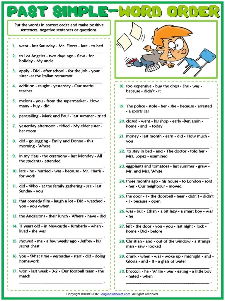 Past Simple Tense Esl Printable Word Order Exercise Worksheet | PDF
