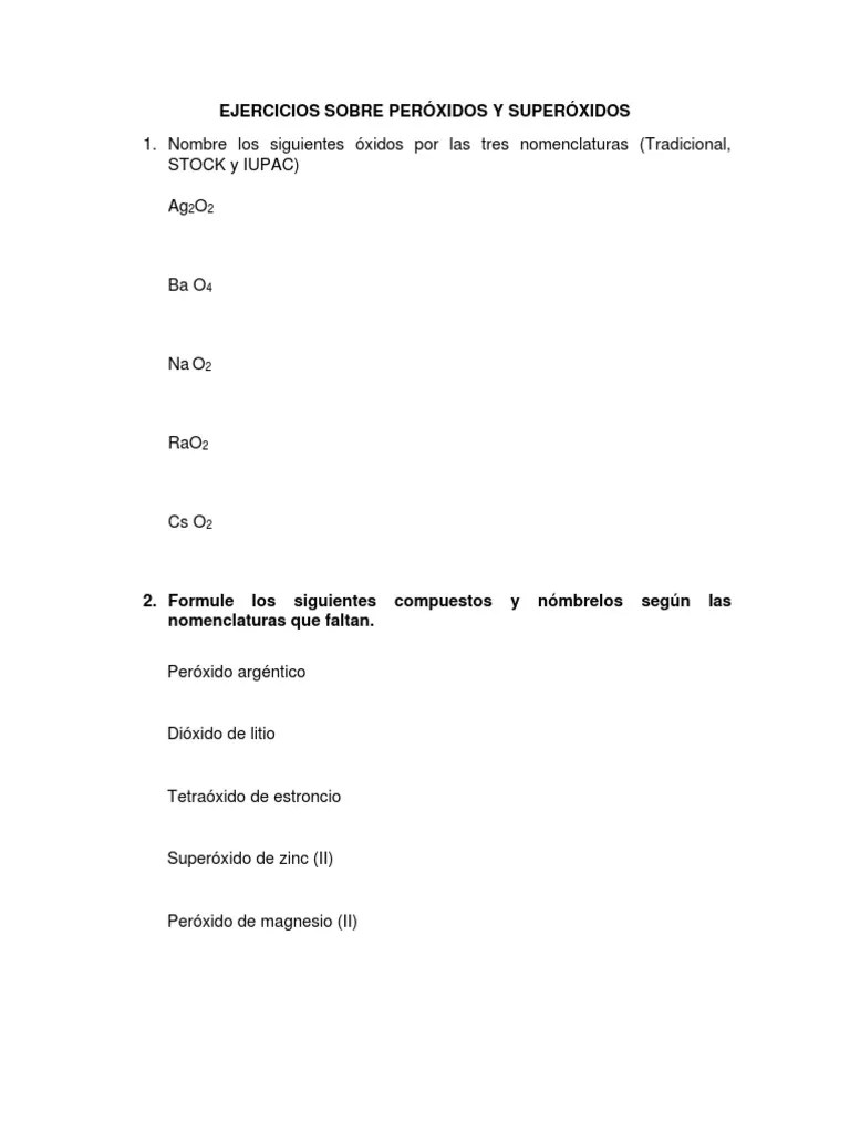 Nomenclatura Y Formulación De Peróxidos Y Superóxidos: Ejercicios De Práctica | PDF