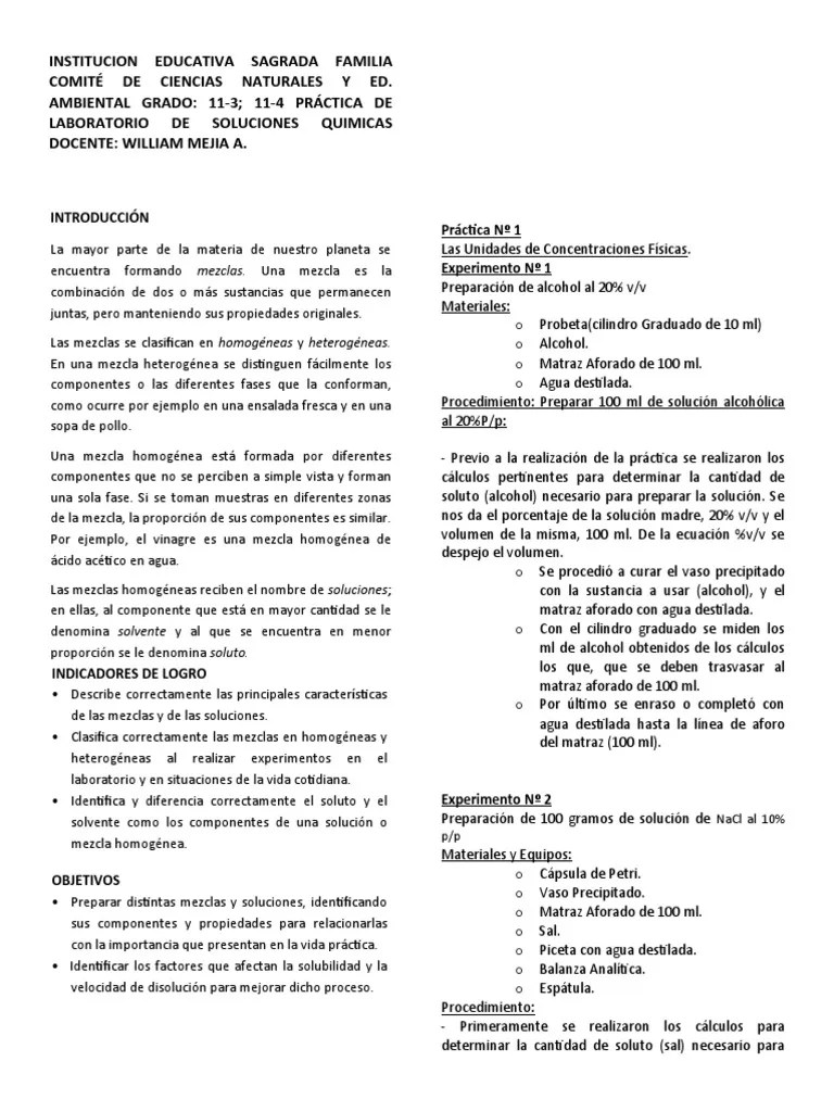 Practica De Laboratorio Sobre Preparacion De Soluciones Quimicas | PDF ...