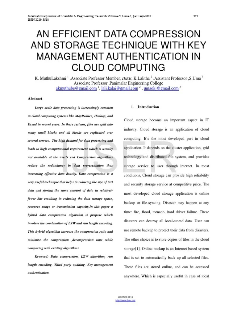 An Efficient Data Compression And Storage Technique With Key Management Authentication In Cloud ...