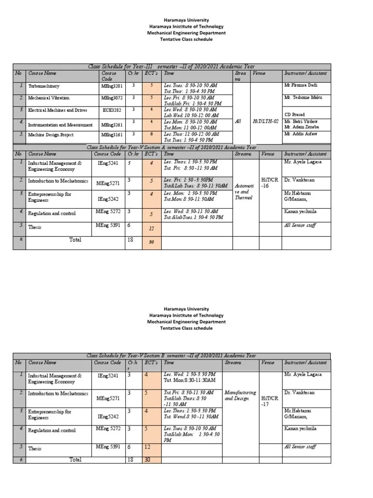 Class Schedule For Year-III Semester - II Of 2020/2021 Academic Year | Download Free PDF ...